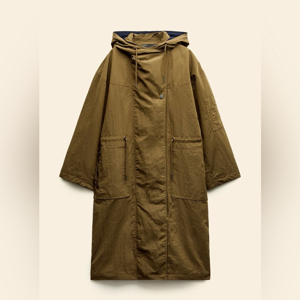 ZARA LONG MIXED TRENCH ZW COLLECTION MID KHAKI SIZE L NEW WITH TAGS
